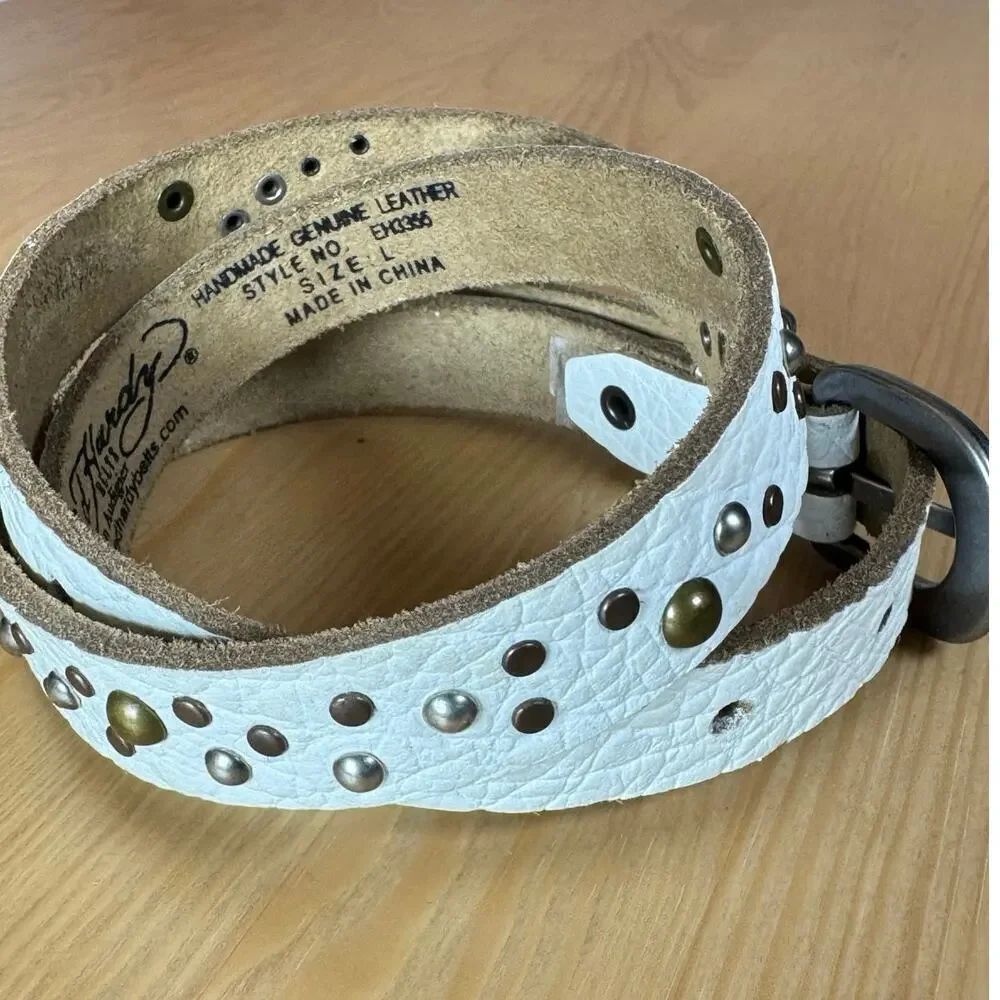 VTG Y2K Ed Hardy Womens Belt White Leather Studded Thin Handmade Grunge Large